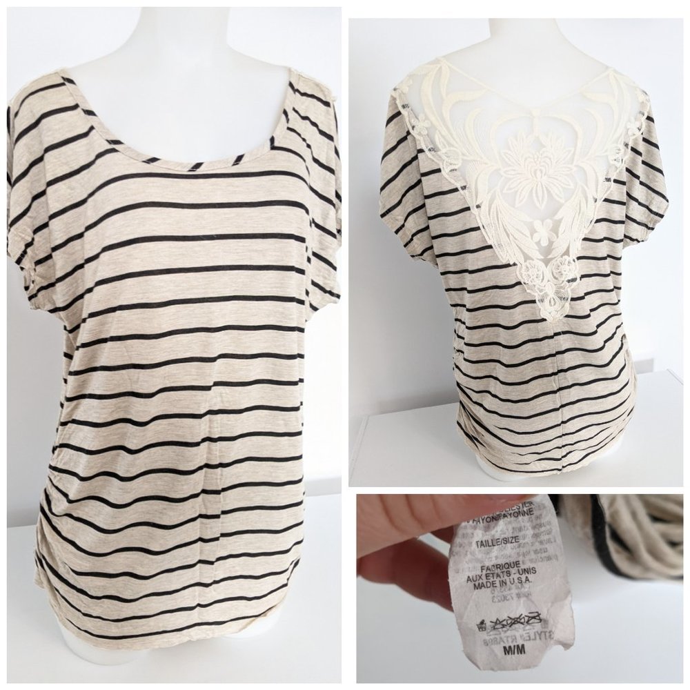 Black And Creme Striped Top W/ Lace Sz M